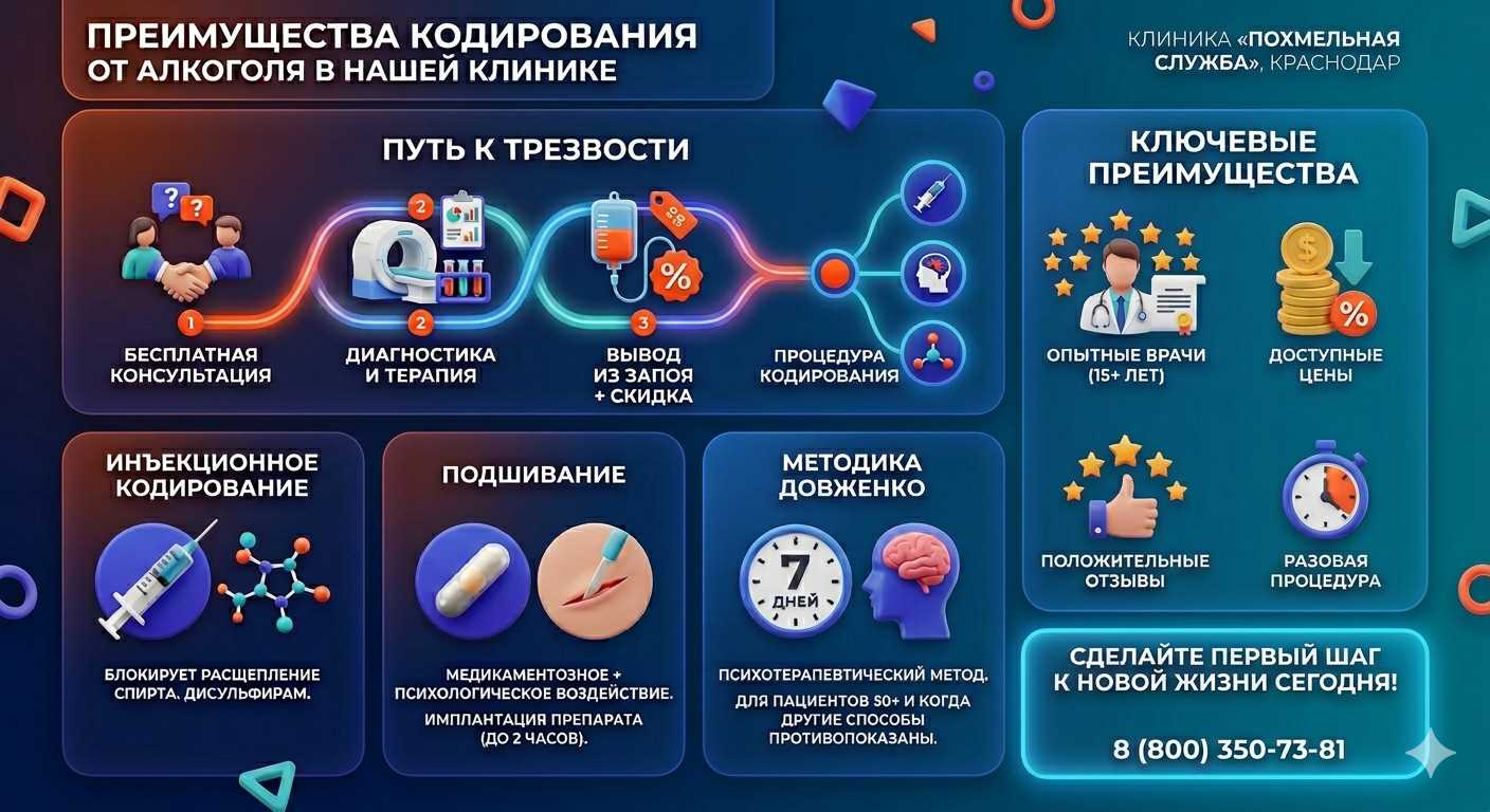 Инфографика о методах кодирования от алкоголя в Меленках: инъекции, подшивание, метод Довженко. Преимущества клиники и этапы лечения.